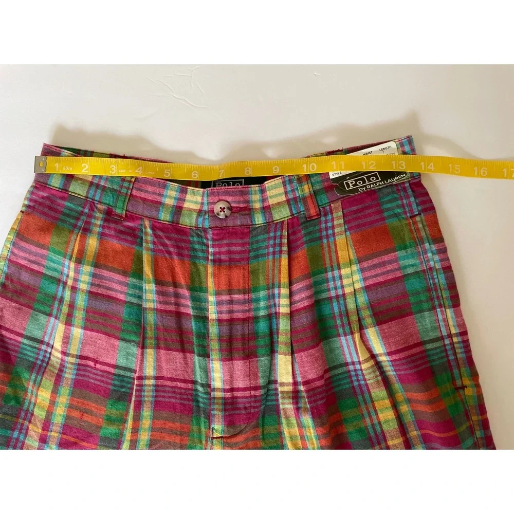 VTG Polo Ralph Lauren Tyler Madras Plaid Shorts Multi Pleated Cotton 18 Prep/29